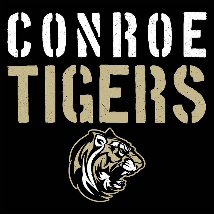 Close-up view of Conroe High School Tigers Unisex 3/4 sleeve Raglan T-shirt 017