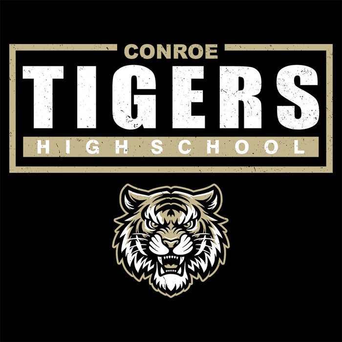 Close-up view of Conroe High School Tigers Unisex 3/4 sleeve Raglan T-shirt 049