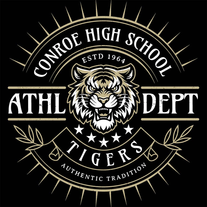 Close-up view of Conroe High School Tigers Unisex 3/4 sleeve Raglan T-shirt 201