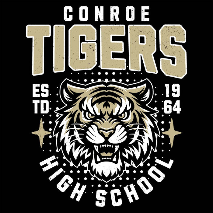 Close-up view of Conroe High School Tigers Women's Black T-shirt 204