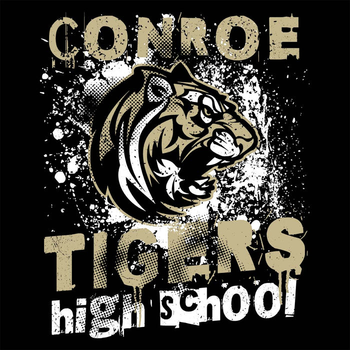 Close-up view of Conroe High School Tigers Women's Black T-shirt 205