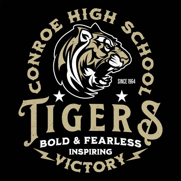 Close-up view of Conroe High School Tigers Women's Black T-shirt 206