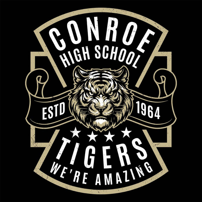 Close-up view of Conroe High School Tigers Women's Black T-shirt 207