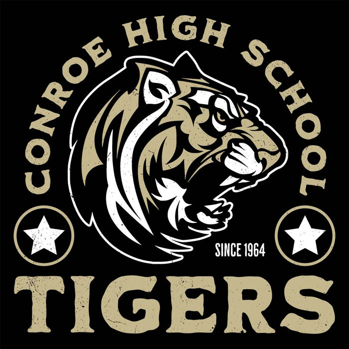 Close-up view of Conroe High School Tigers Unisex 3/4 sleeve Raglan T-shirt 208