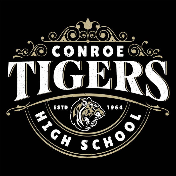 Close-up view of Conroe High School Tigers Unisex 3/4 sleeve Raglan T-shirt 211