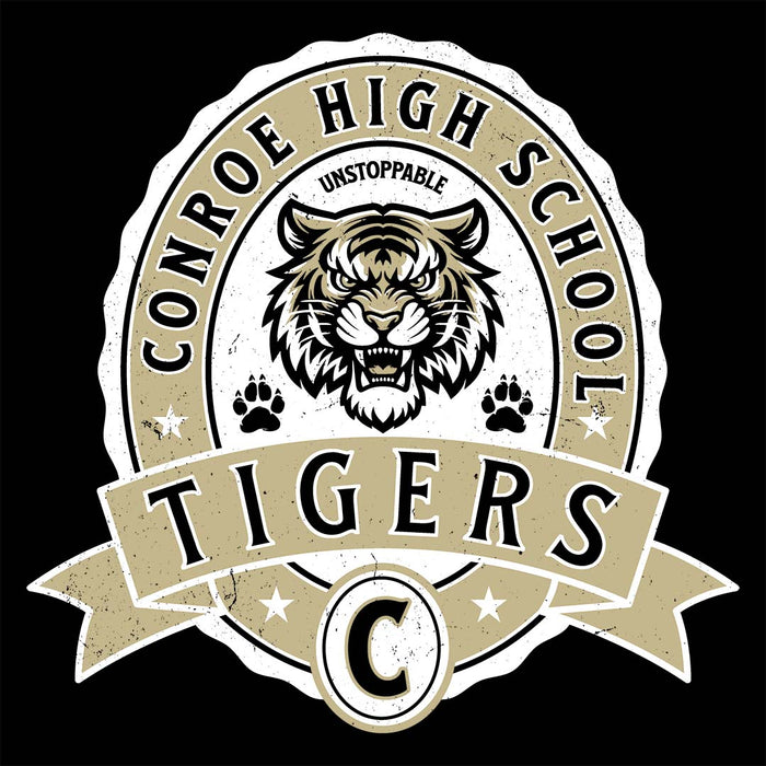 Close-up view of Conroe High School Tigers Unisex 3/4 sleeve Raglan T-shirt 212
