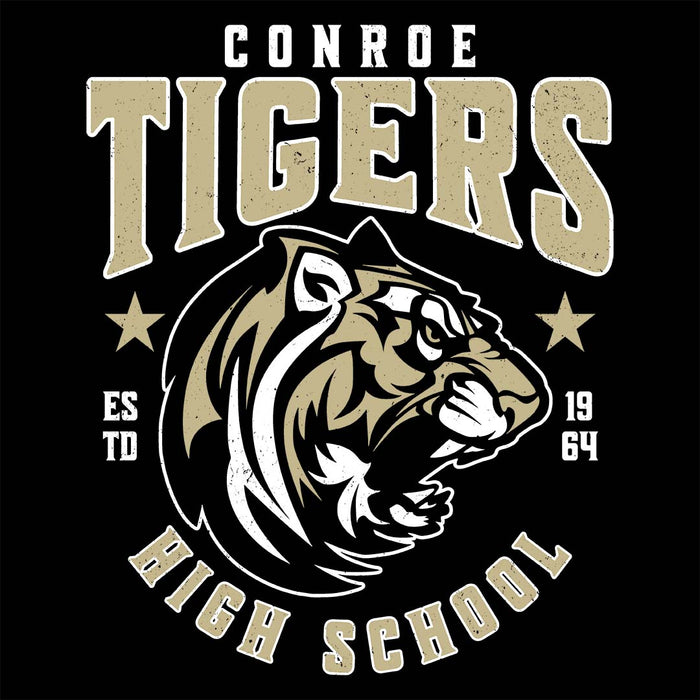 Close-up view of Conroe High School Tigers Women's Black T-shirt 213