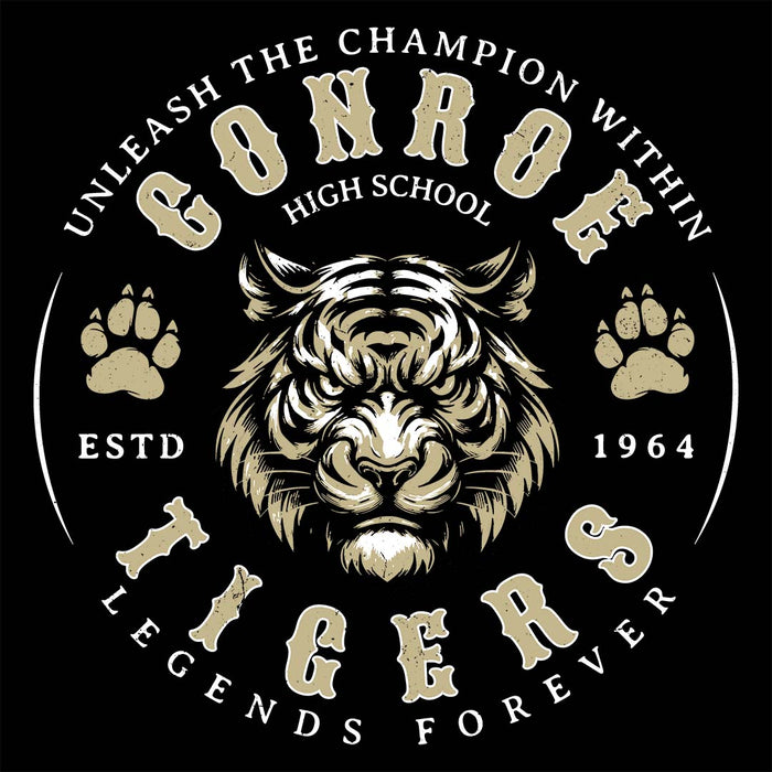 Close-up view of Conroe High School Tigers Unisex 3/4 sleeve Raglan T-shirt 214