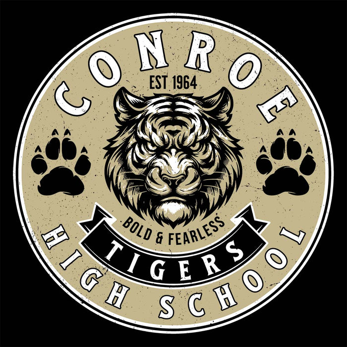 Close-up view of Conroe High School Tigers Unisex 3/4 sleeve Raglan T-shirt 215