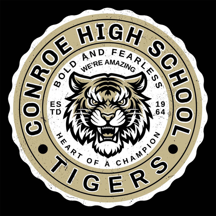 Close-up view of Conroe High School Tigers Unisex 3/4 sleeve Raglan T-shirt 216