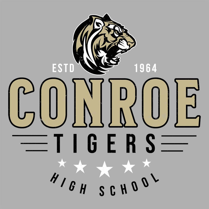 Close-up view of Conroe High School Tigers Unisex 3/4 sleeve Raglan T-shirt 217