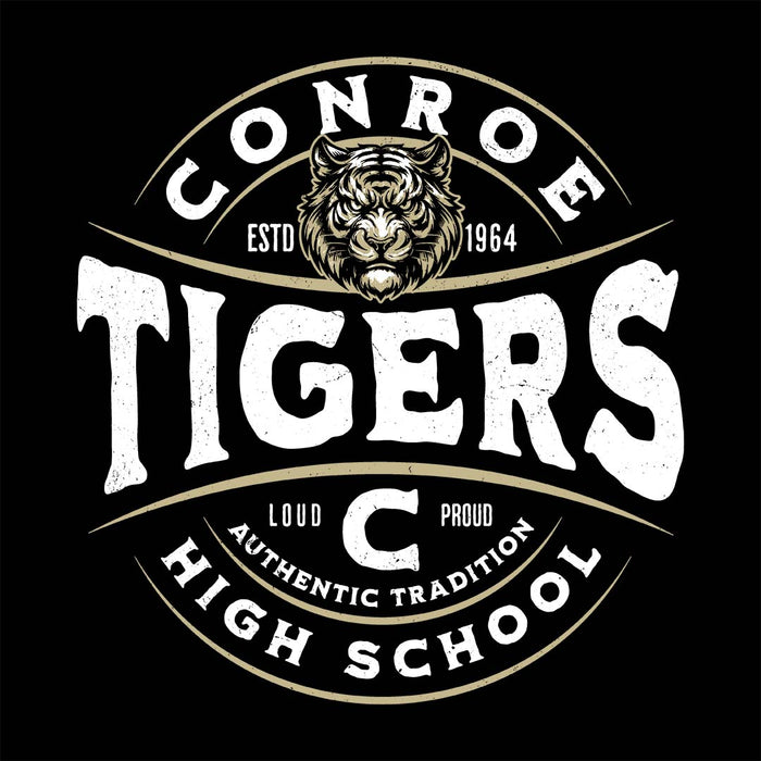 Close-up view of Conroe High School Tigers Unisex 3/4 sleeve Raglan T-shirt 218