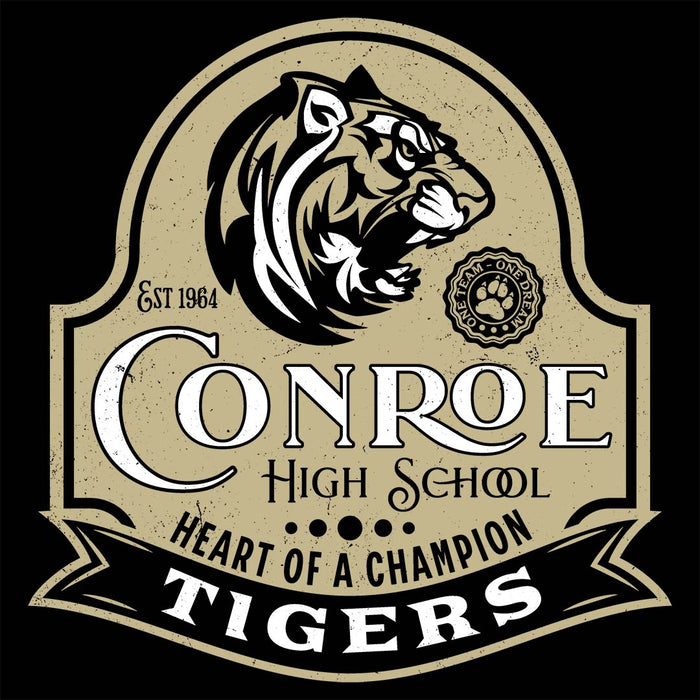 Close-up view of Conroe High School Tigers Women's Black T-shirt 219
