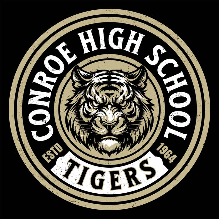 Close-up view of Conroe High School Tigers Women's Black T-shirt 220