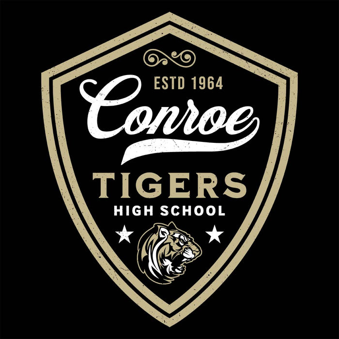 Close-up view of Conroe High School Tigers Unisex 3/4 sleeve Raglan T-shirt 225