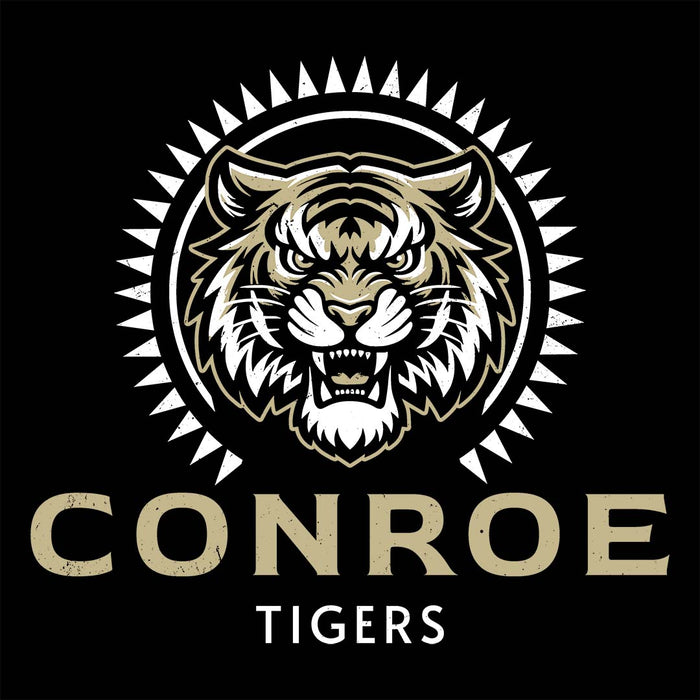 Close-up view of Conroe High School Tigers Unisex 3/4 sleeve Raglan T-shirt 226