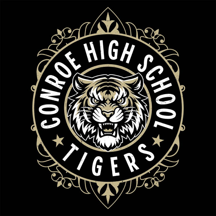 Close-up view of Conroe High School Tigers Women's Black T-shirt 227