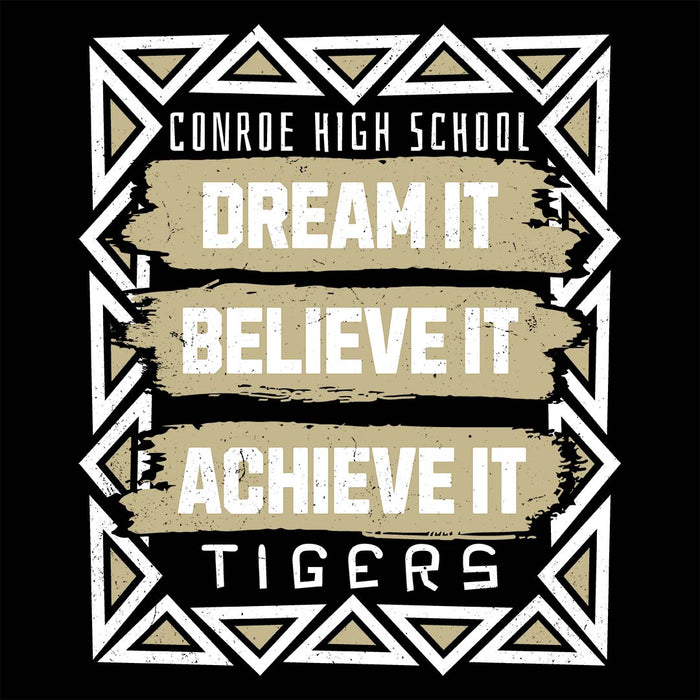 Close-up view of Conroe High School Tigers Women's Black T-shirt 228