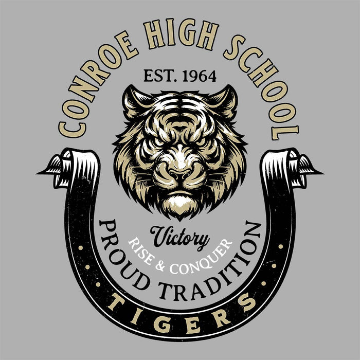 Close-up view of Conroe High School Tigers Unisex 3/4 sleeve Raglan T-shirt 229