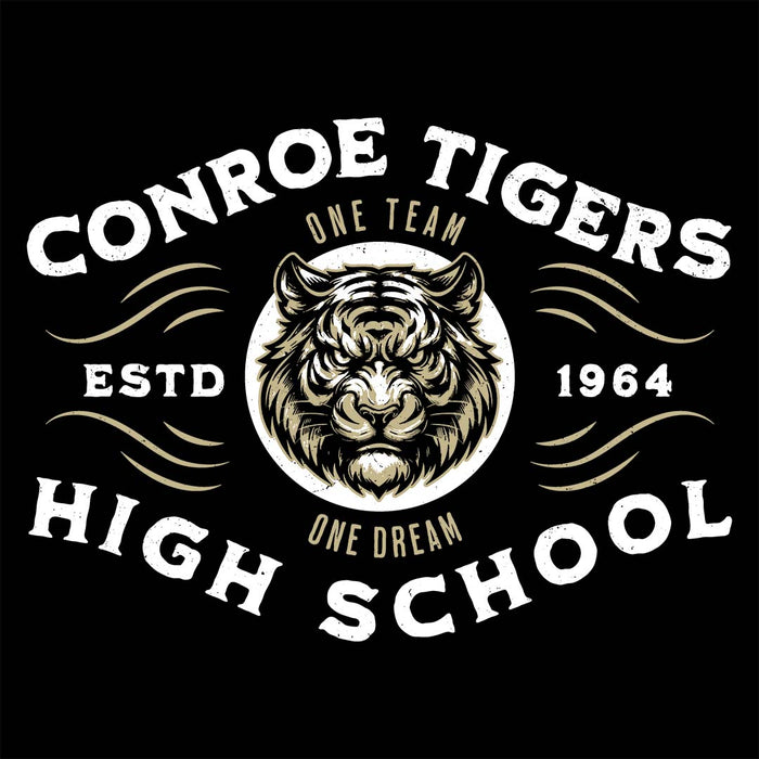 Close-up view of Conroe High School Tigers Unisex 3/4 sleeve Raglan T-shirt 230