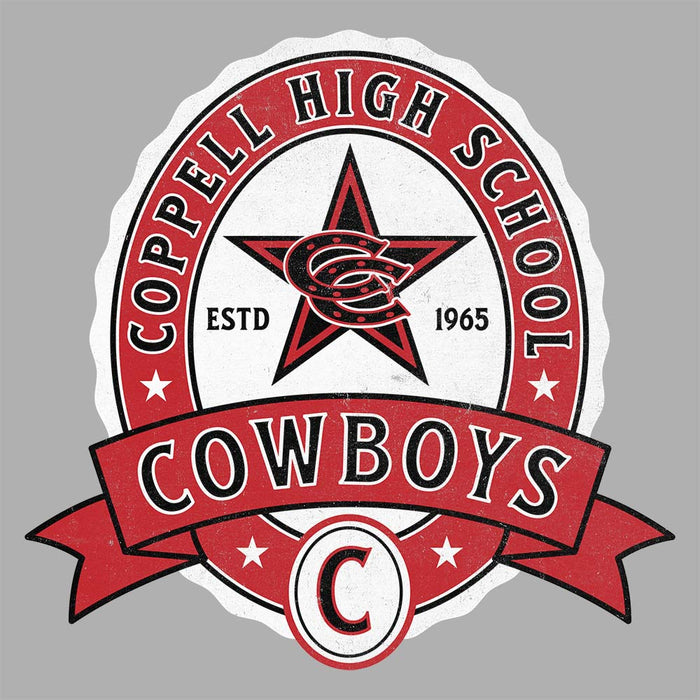 Close-up view of Coppell High School Cowboys Unisex 3/4 sleeve Raglan T-shirt 212