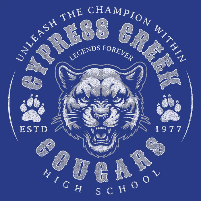 Close-up of Cypress Creek High School Cougars Royal Blue Classic Unisex T-shirt 214