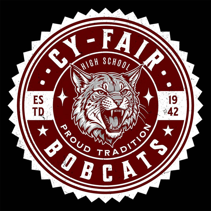 Close-up view of Cy-Fair High School Bobcats Unisex 3/4 sleeve Raglan T-shirt 203