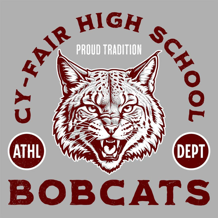 Close-up view of Cy-Fair High School Bobcats Unisex 3/4 sleeve Raglan T-shirt 208