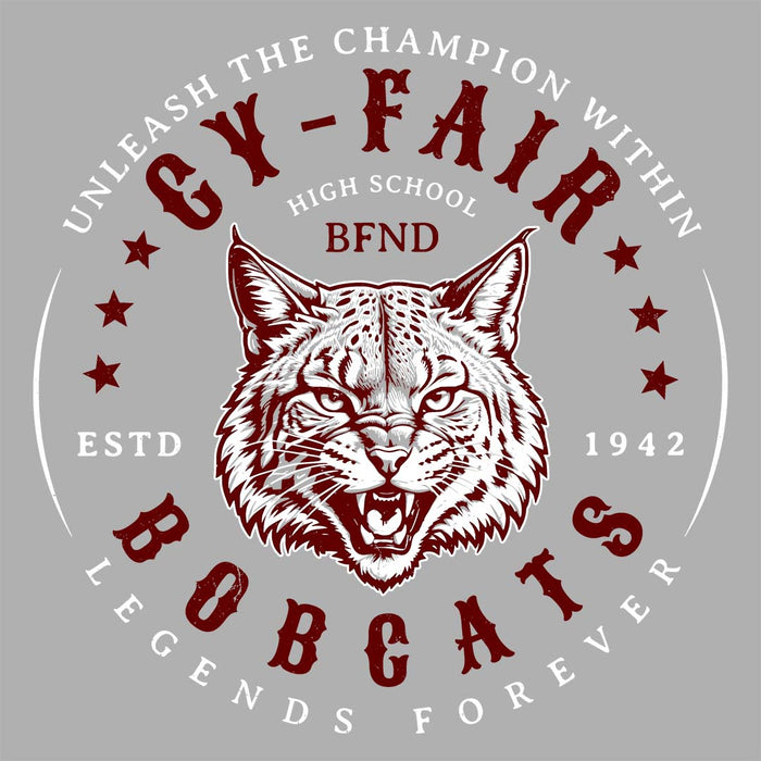 Close-up view of Cy-Fair High School Bobcats Unisex 3/4 sleeve Raglan T-shirt 214