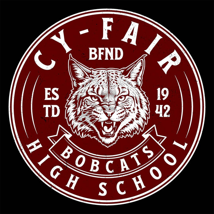 Close-up view of Cy-Fair High School Bobcats Unisex 3/4 sleeve Raglan T-shirt 215