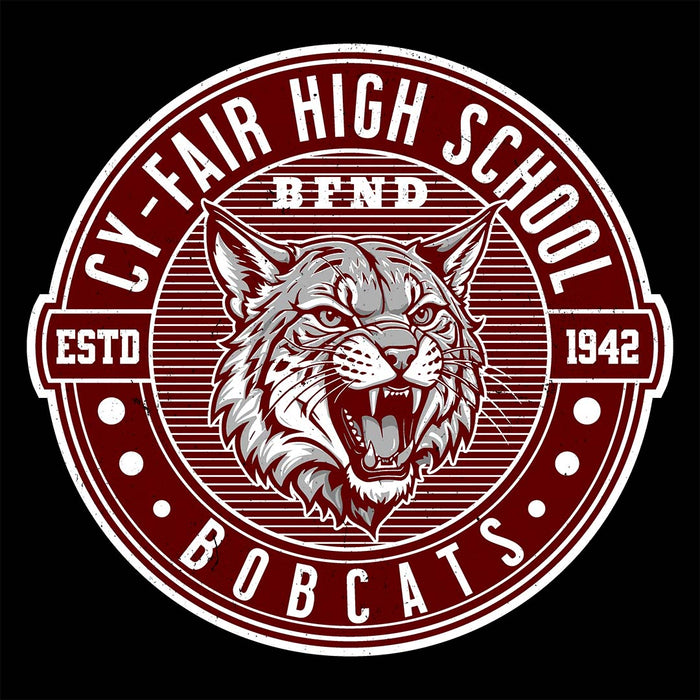 Close-up view of Cy-Fair High School Bobcats Unisex 3/4 sleeve Raglan T-shirt 224