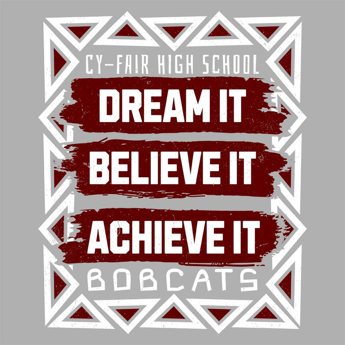 Close-up view of Cy-Fair High School Bobcats Unisex 3/4 sleeve Raglan T-shirt 228