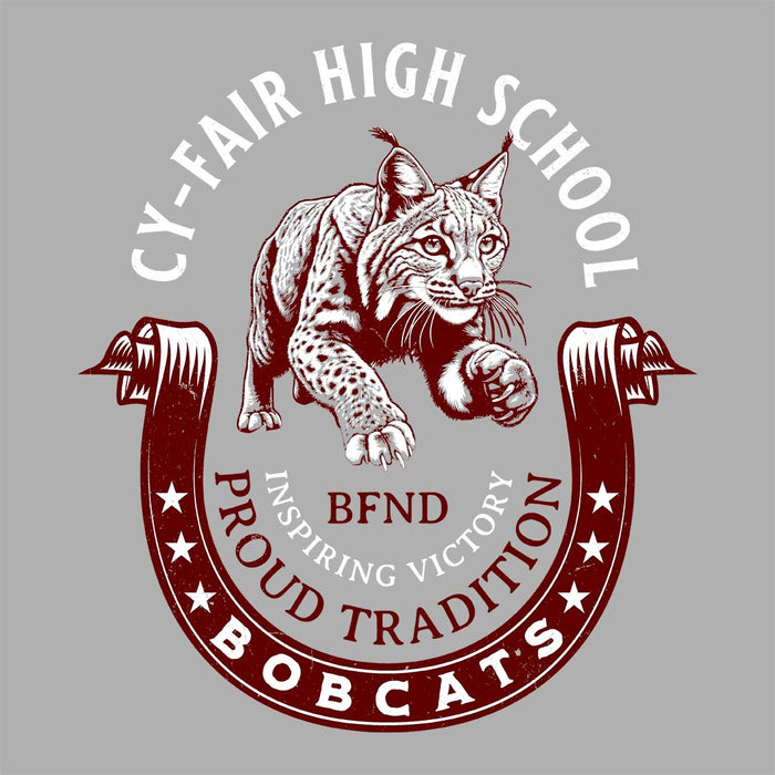 Close-up view of Cy-Fair High School Bobcats Unisex 3/4 sleeve Raglan T-shirt 229