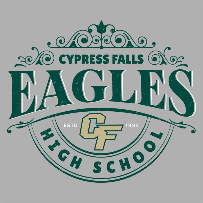 Close-up view of Cypress Falls High School Eagles Unisex 3/4 sleeve Raglan T-shirt 211