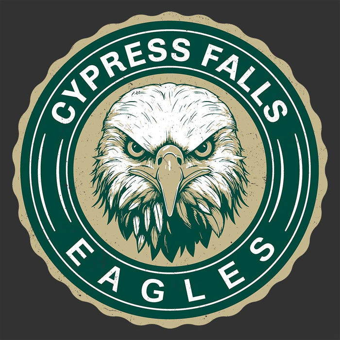 Close-up view of Cypress Falls High School Eagles Women's Dark Grey Heather T-shirt 216