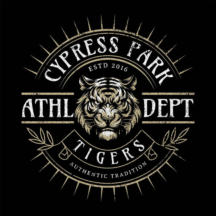 Close-up view of Cypress Park High School Tigers Unisex 3/4 sleeve Raglan T-shirt 201