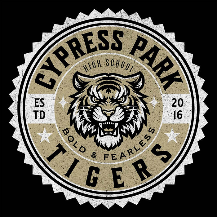 Close-up view of Cypress Park High School Tigers Unisex 3/4 sleeve Raglan T-shirt 203