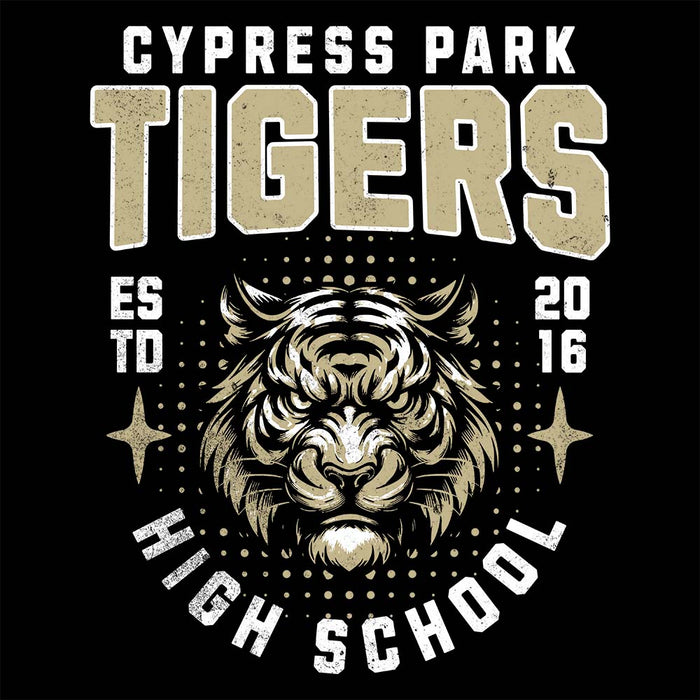 Close-up view of Cypress Park High School Tigers Unisex 3/4 sleeve Raglan T-shirt 204