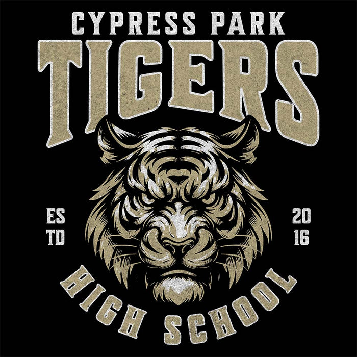 Close-up view of Cypress Park High School Tigers Unisex 3/4 sleeve Raglan T-shirt 213