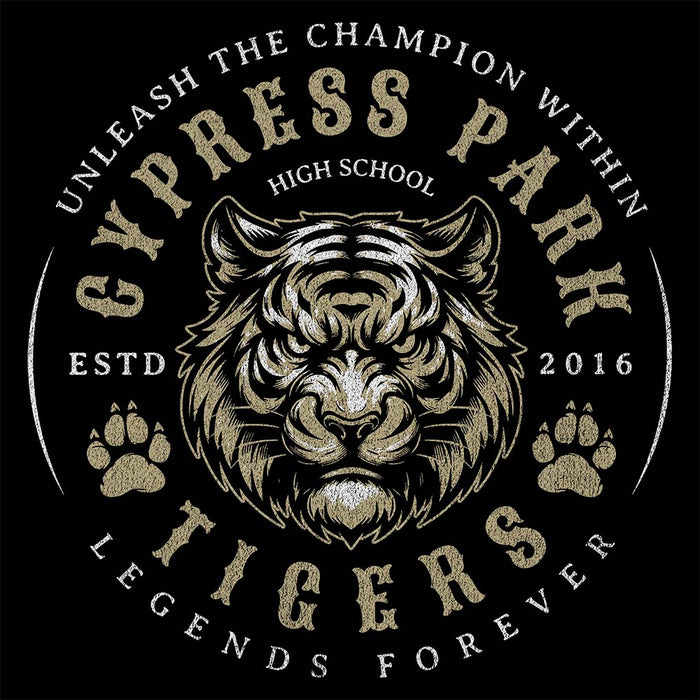 Close-up view of Cypress Park High School Tigers Black Classic Unisex Hoodie 214