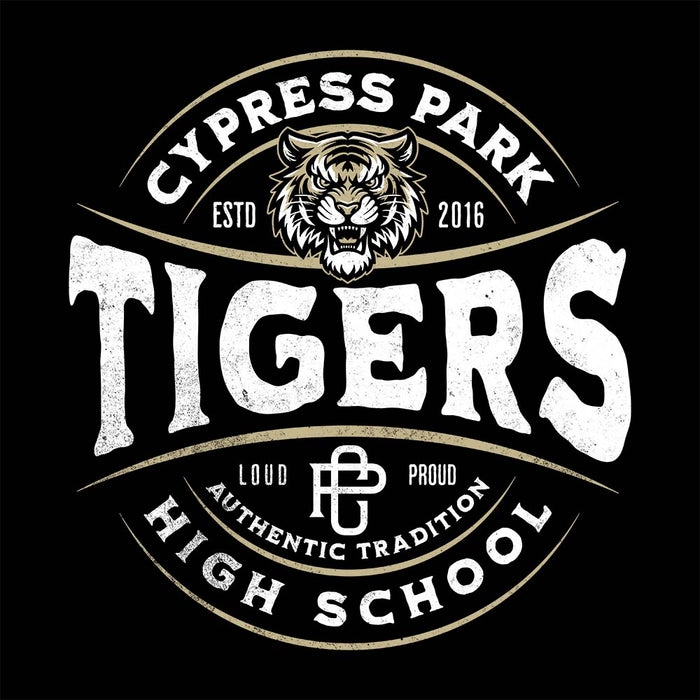 Close-up view of Cypress Park High School Tigers Black Premium Unisex T-shirt 218