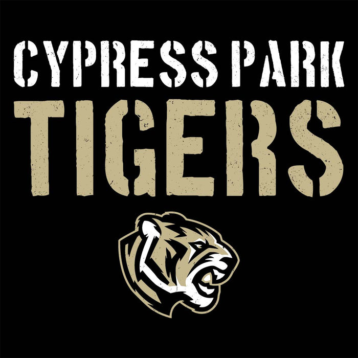 Close-up view of Cypress Park High School Tigers Women's Black T-shirt 017