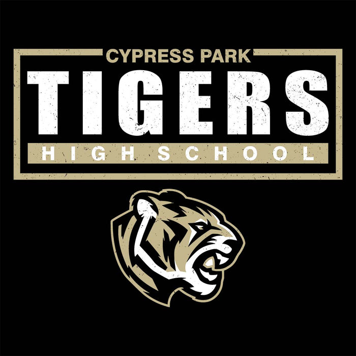 Close-up view of Cypress Park High School Tigers Women's Black T-shirt 049