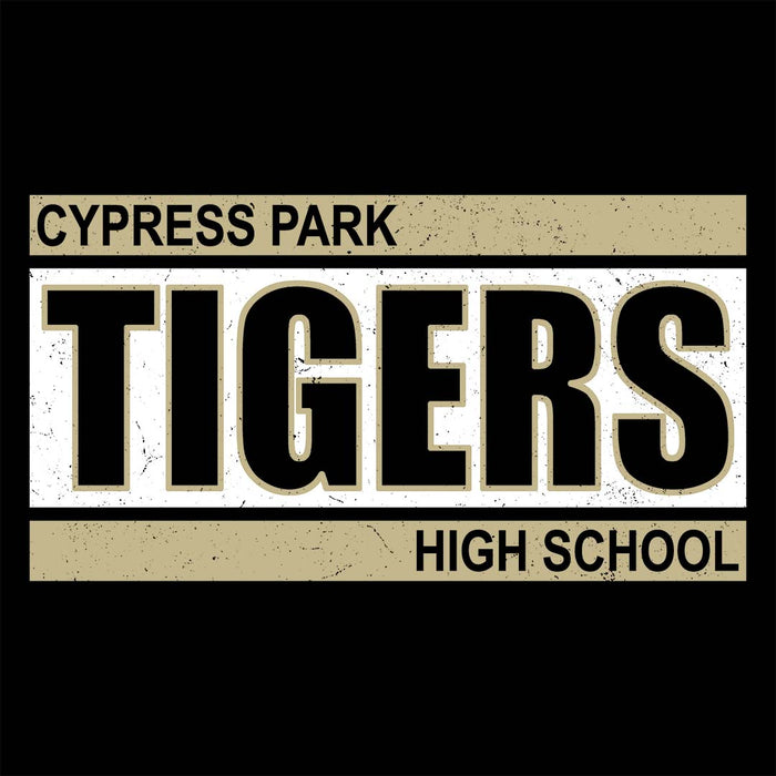 Close-up view of Cypress Park High School Tigers Women's Black T-shirt 098