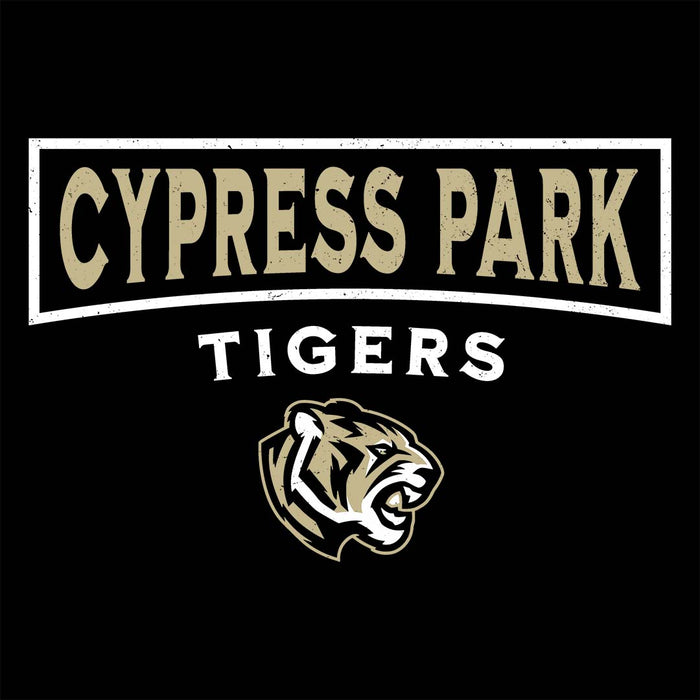 Close-up view of Cypress Park High School Tigers Women's Black T-shirt 202