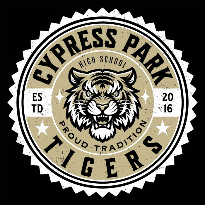 Close-up view of Cypress Park High School Tigers Women's Black T-shirt 203