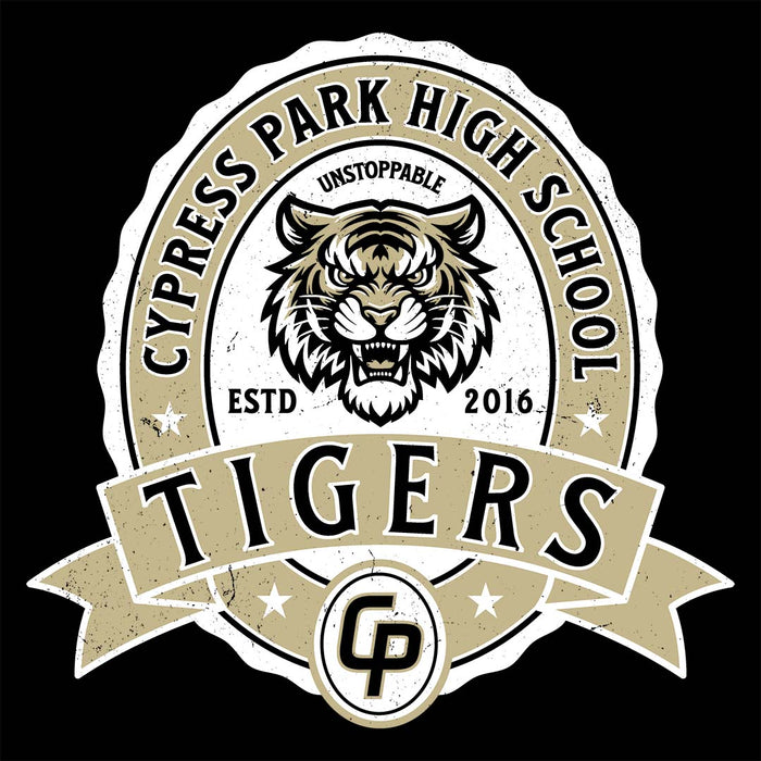 Close-up view of Cypress Park High School Tigers Women's Black T-shirt 212