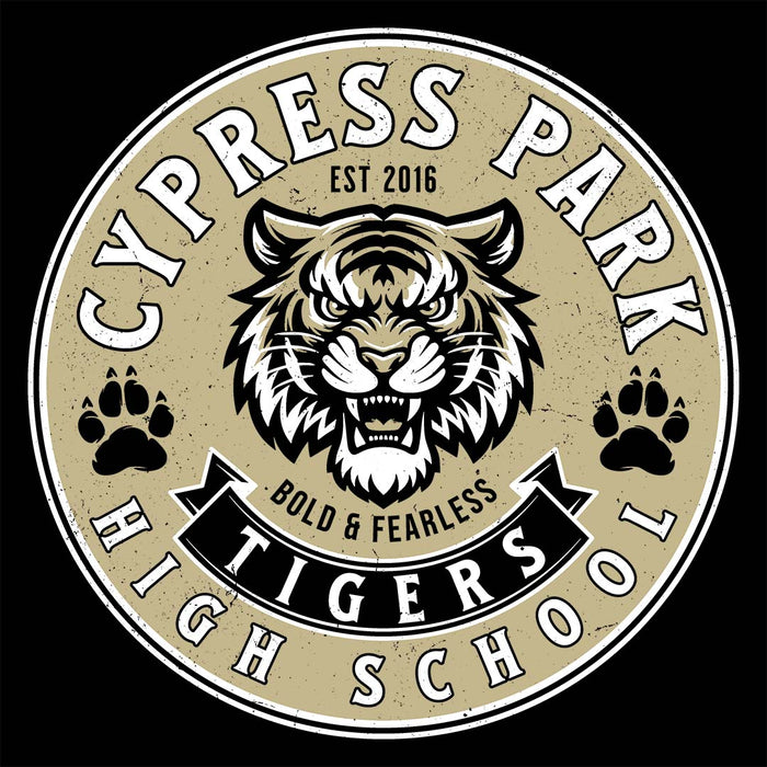 Close-up view of Cypress Park High School Tigers Women's Black T-shirt 215