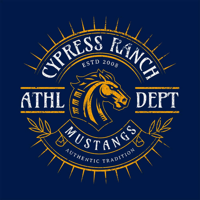 Close-up view of Cypress Ranch High School Mustangs Navy Premium Unisex T-shirt 201