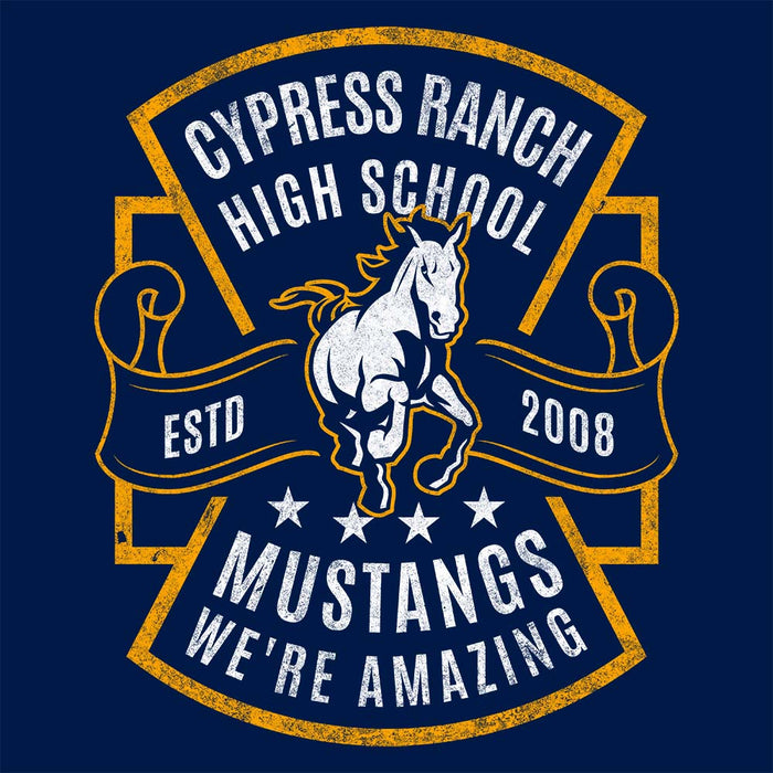 Close-up view of Cypress Ranch High School Mustangs Navy Premium Unisex T-shirt 208